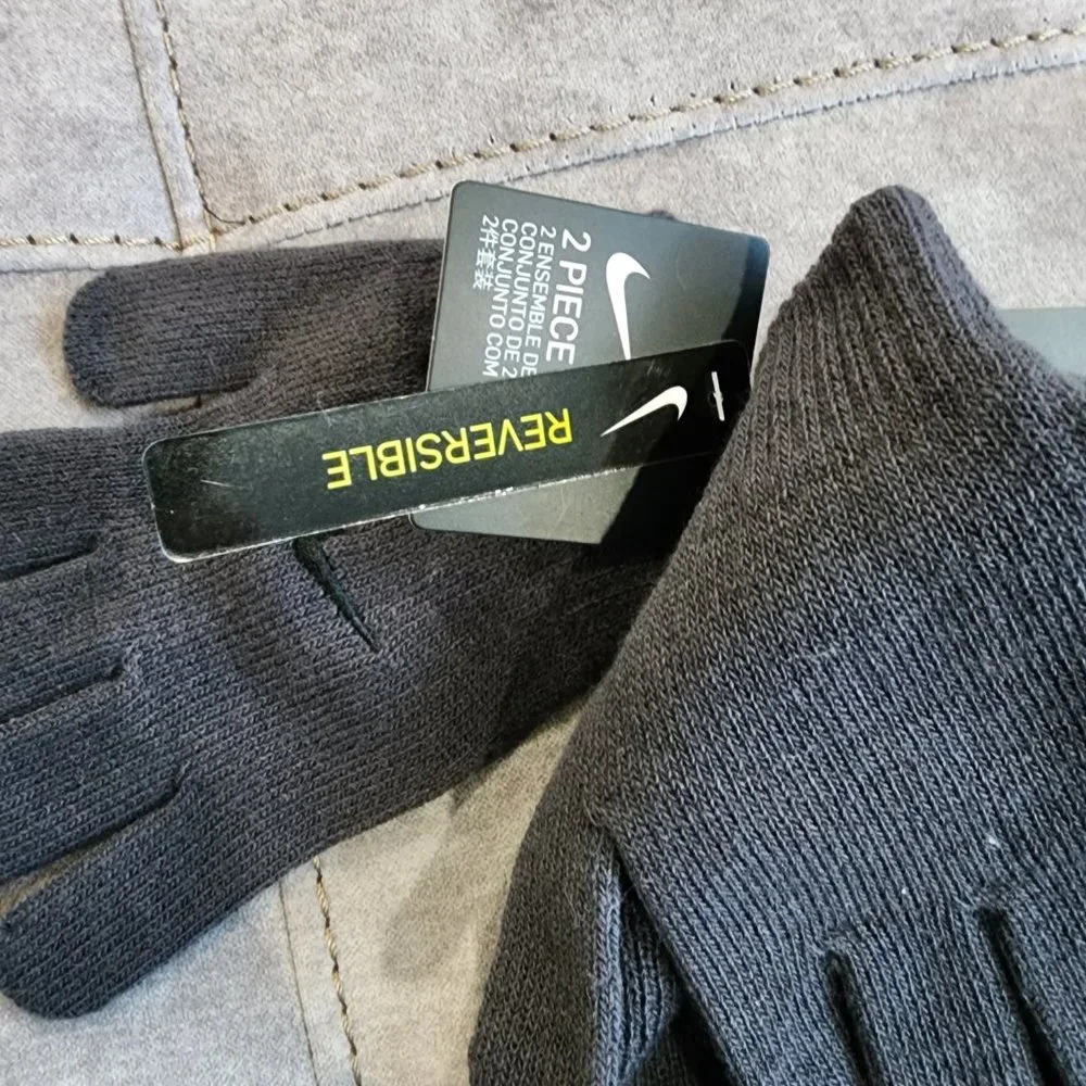 NWT Nike Youth Beanie Hat and Glove Set Gray with Black Stripe One Size